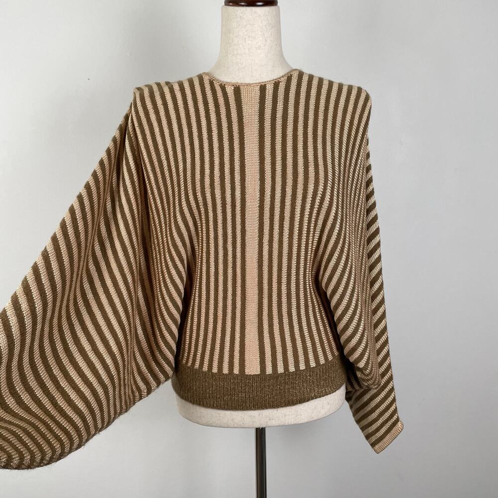 90s Vintage Epin Hand Loomed Sweater Womens S Brown Striped Wide Dolman Sleeves - Picture 8 of 14